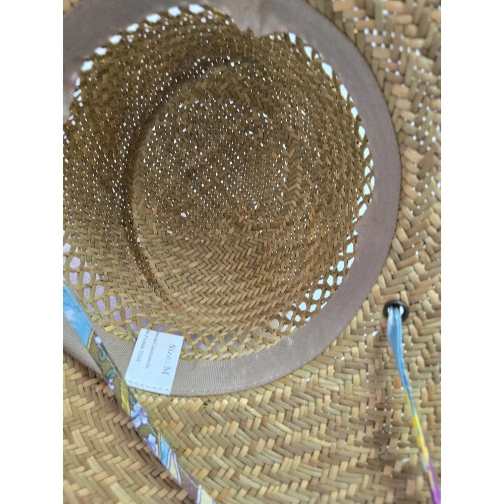 Straw Sun Hat‎ Wide Brim Floral Bow Trim Medium Vacation Beach Resortwear